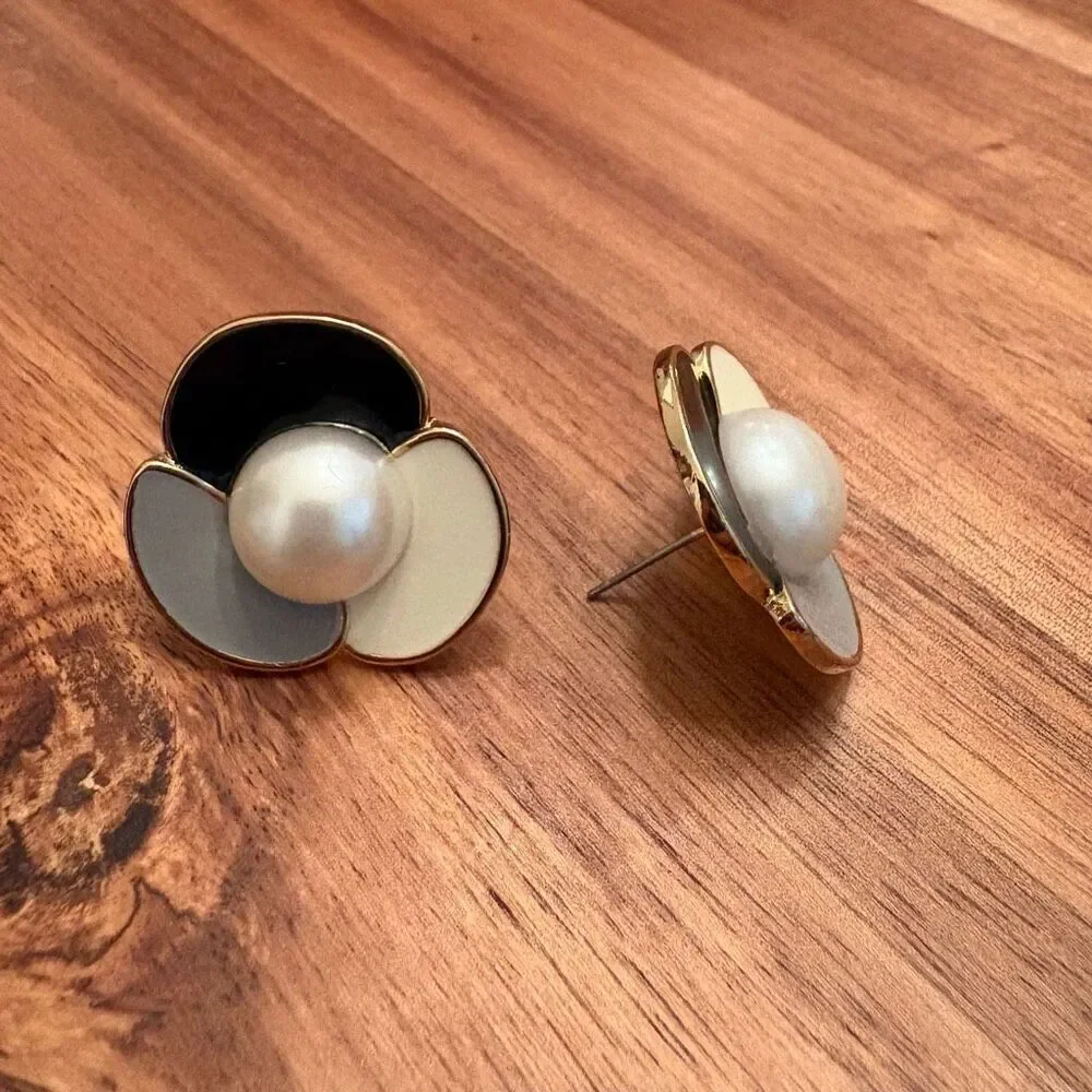 Floral Enamel and Faux Pearl Earrings | 1 1/8” Width